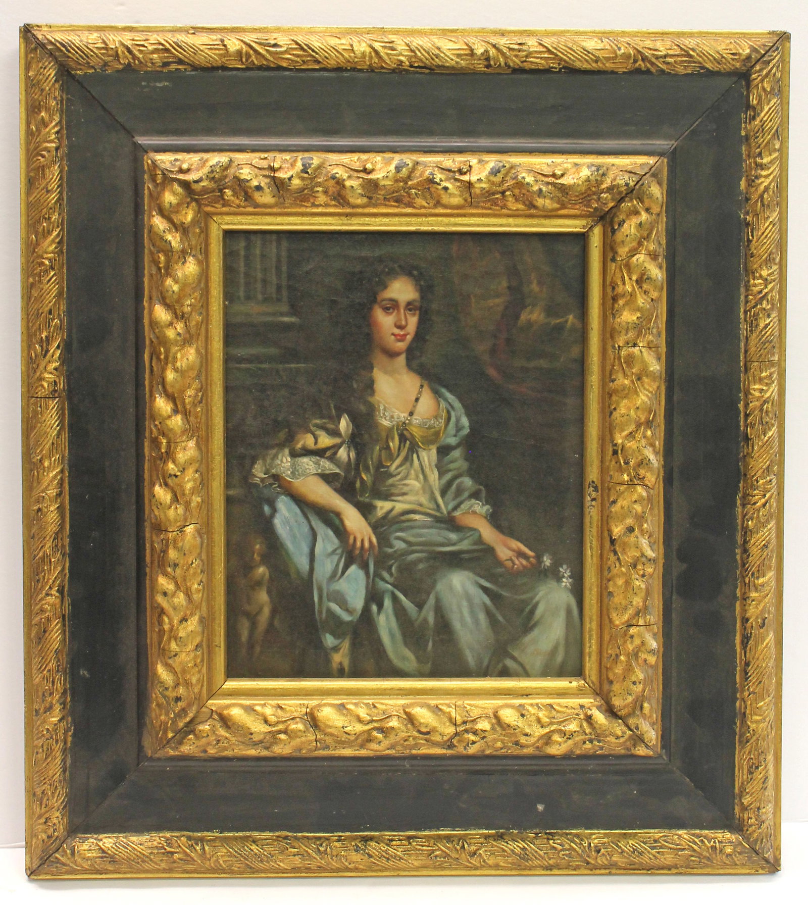 o/c mounted on board young woman holding a flower - overall framed size 18"x16": o/c mounted on board young woman holding a flower - overall framed size 18"x16"