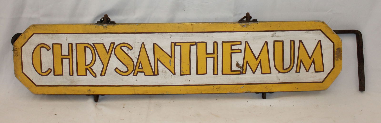Vintage double sided wooden painted sign "Chrysanthemum" w heavy iron hanging bracket - sign is 42" (1 of 7)