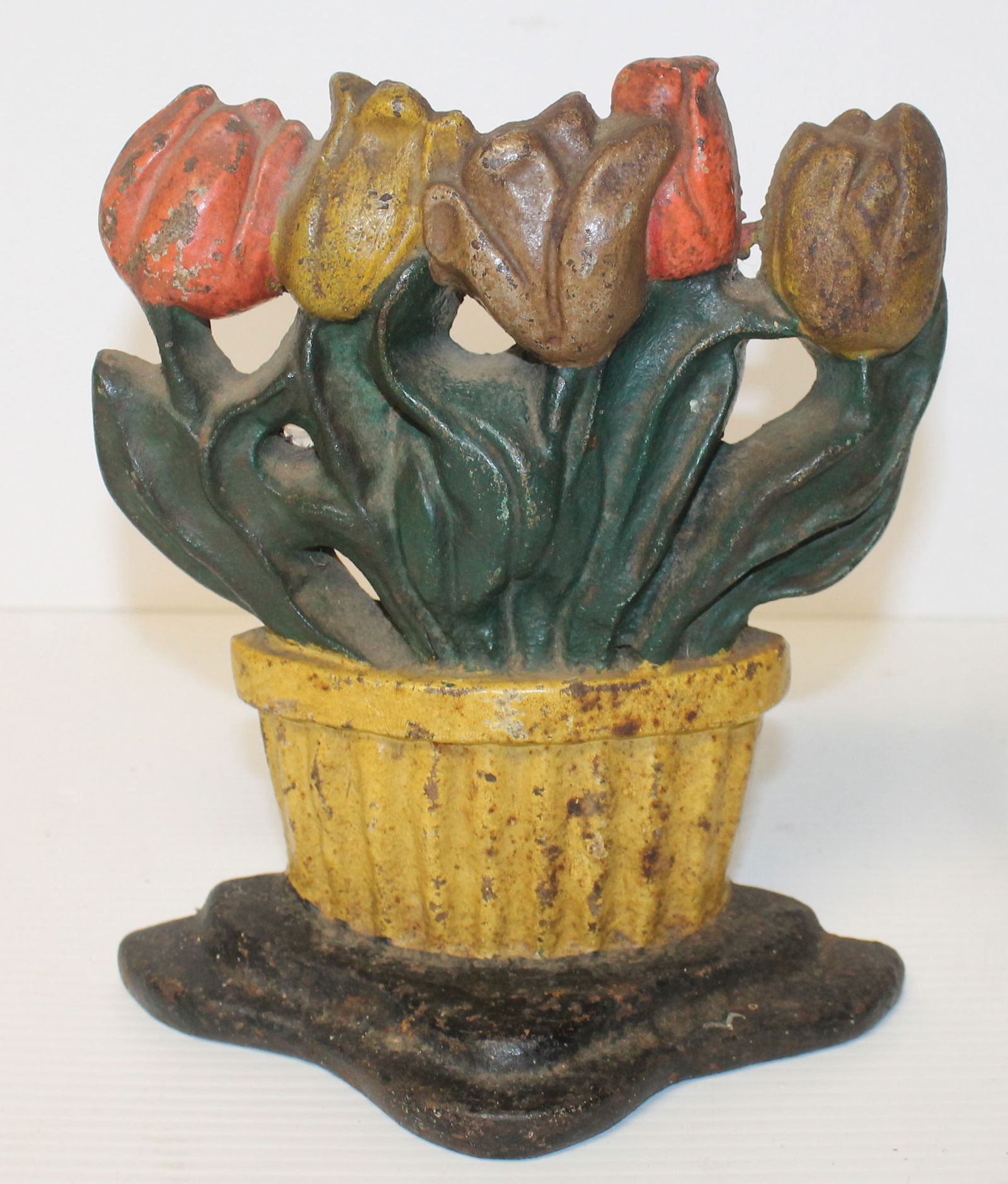 Antique cast iron painted basket of tulips doorstop - 8" tall (1 of 4)