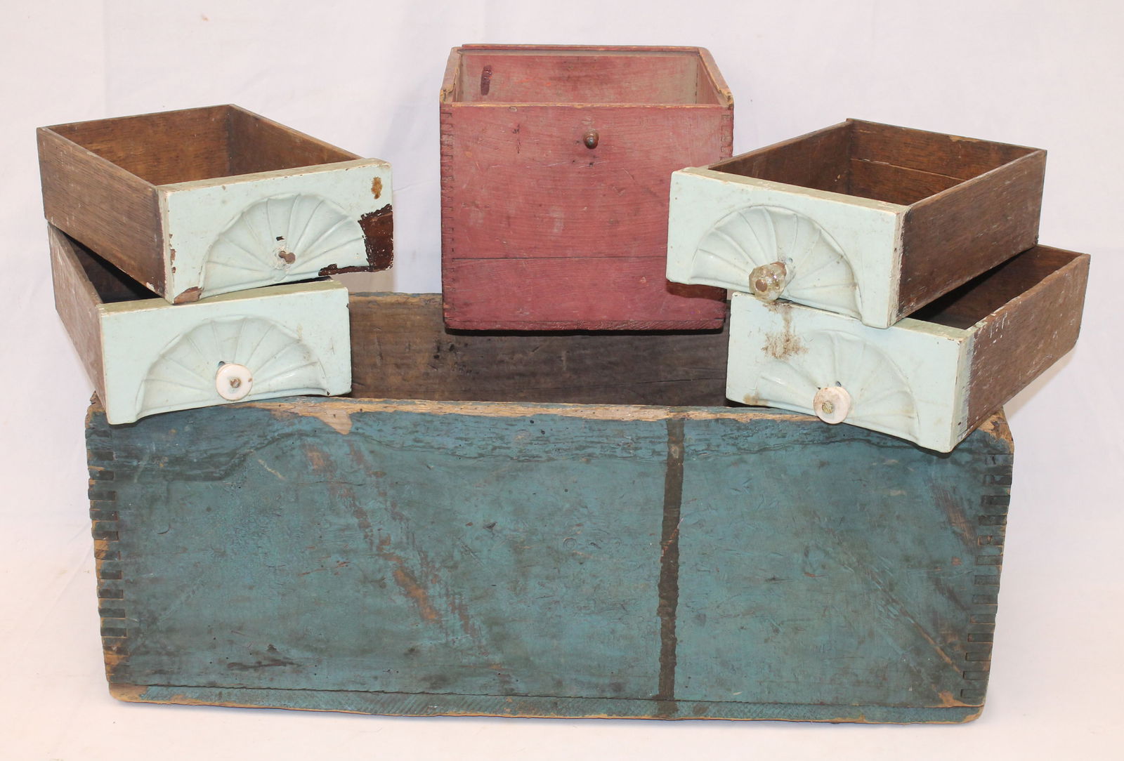 Antique tool box in blue paint together w a slide top box in red paint (missing top) & a set of 4 (1 of 5)