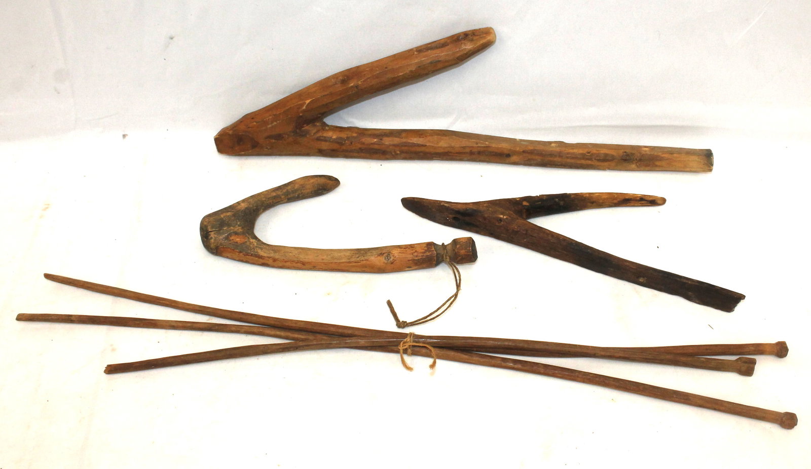 Antique treen lot incl 3 barn hooks & 3 23" long wooden stick implements - 8 1/2" - 16 1/2" hooks (1 of 7)
