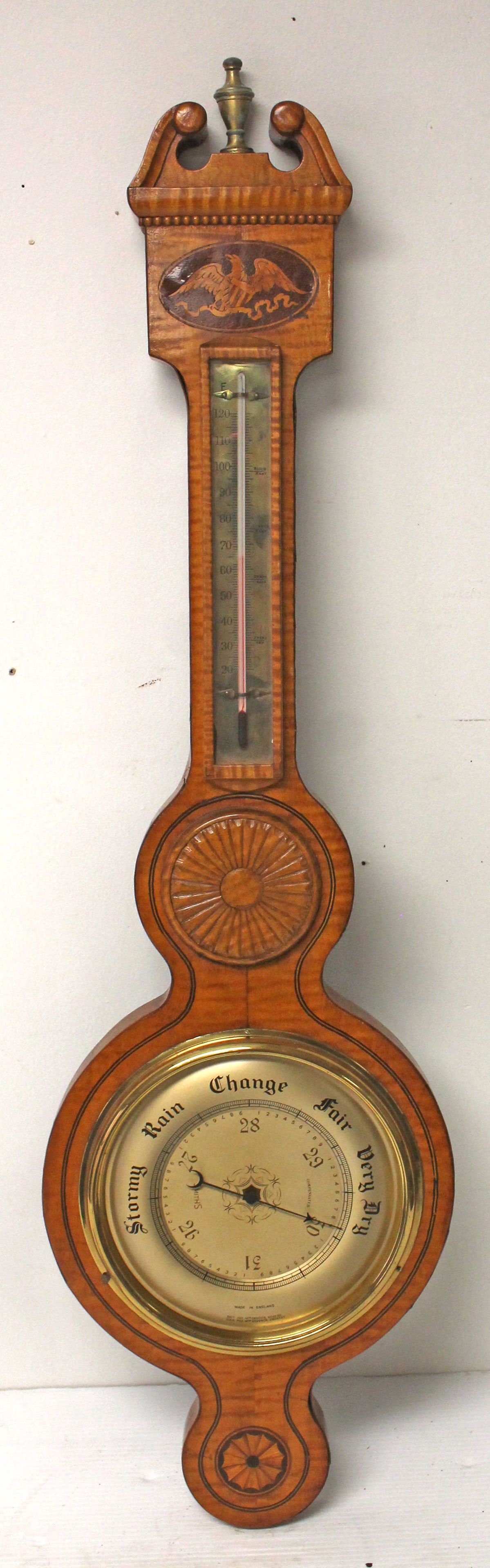 Antique English tiger maple barometer w eagle inlaid dec  - 37 1/2" x 10 1/2" (1 of 4)