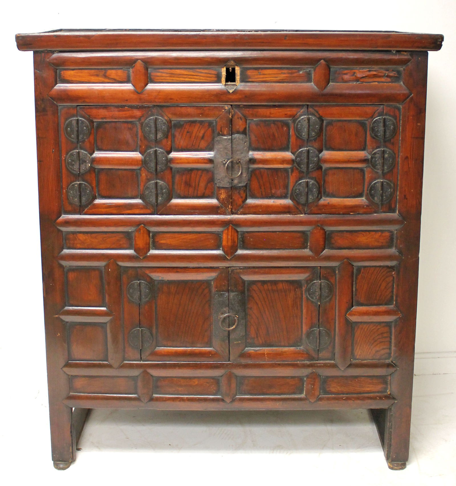 Chinese paneled wood cabinet w bifold doors - 43" tall x 38" wide x 16" deep (1 of 9)