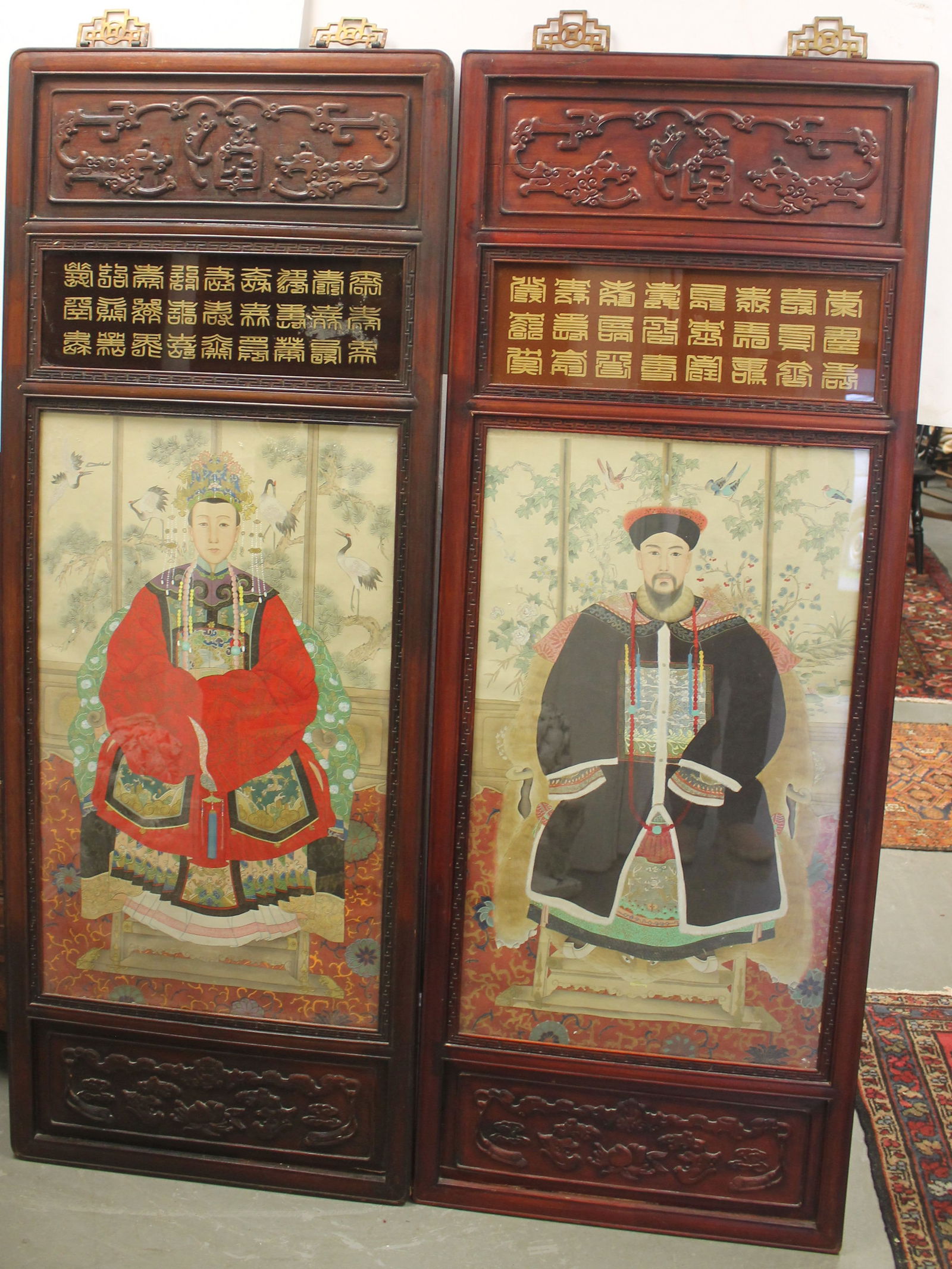 Pr of Chinese ancestral w/c portraits in carved rosewood frames w Chinese characters - 62 3/4" tall (1 of 14)