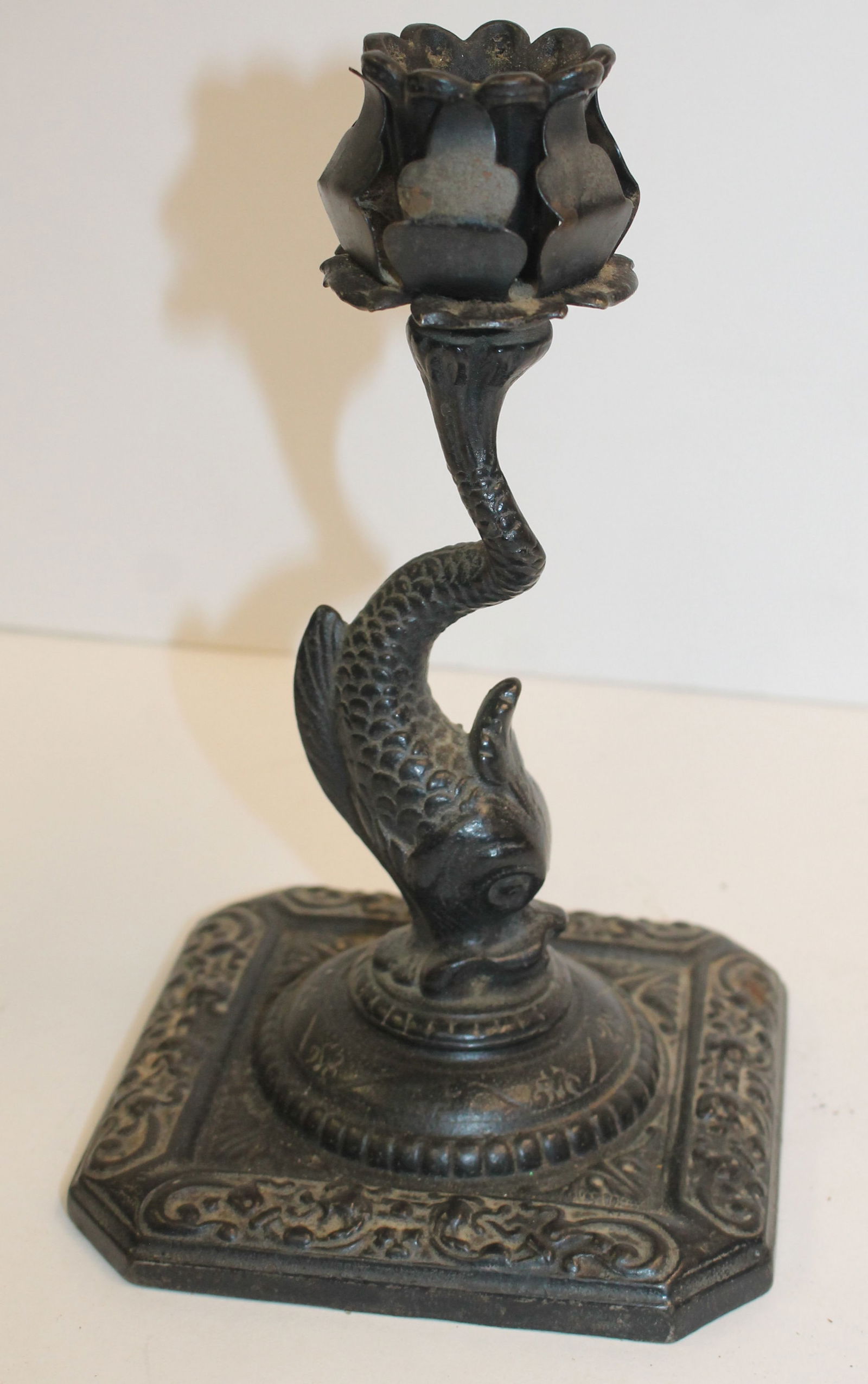 Victorian dolphin figural metal candlestick - 7 3/4" tall (1 of 5)