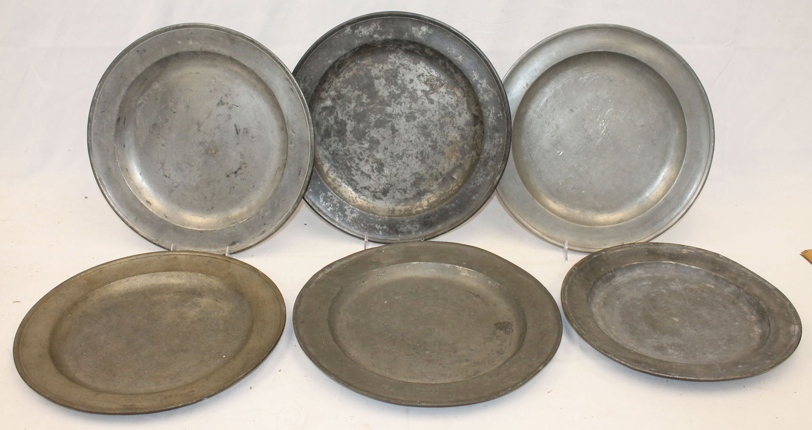 Lot of 6 antique pewter chargers - 13 1/4"- 14 3/4" diam (1 of 13)