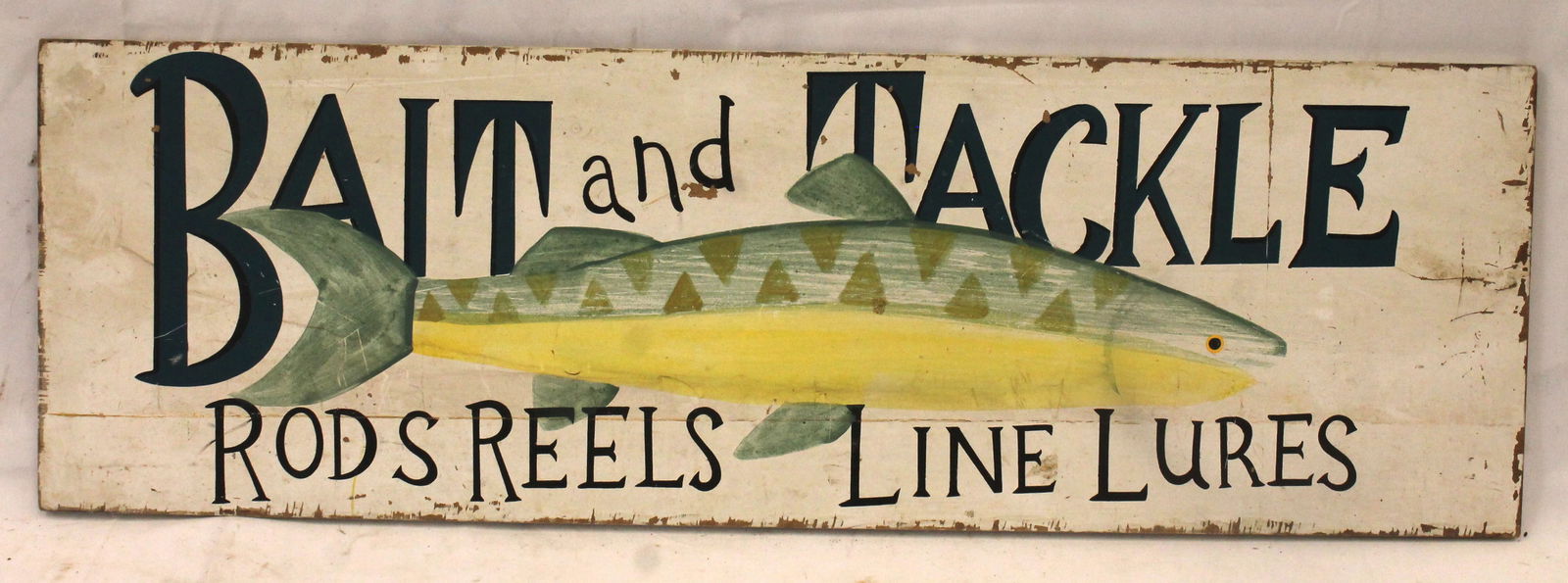 Wooden painted sign "Bait & Tackle… Rods Reels Lines Lures" w painted fish motif - 31"x10" (1 of 5)