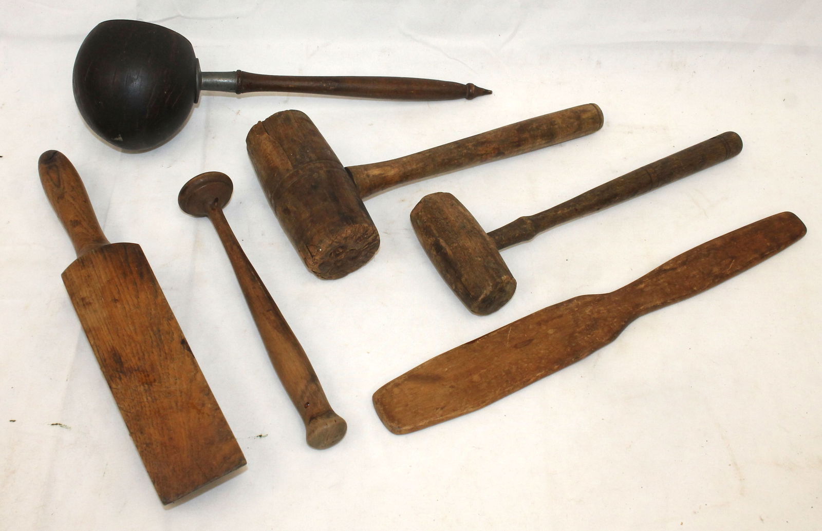 Antique treen utensil lot incl coconut dipper w pewter accent, 2 mallets, muddler & paddle - 9" - (1 of 6)
