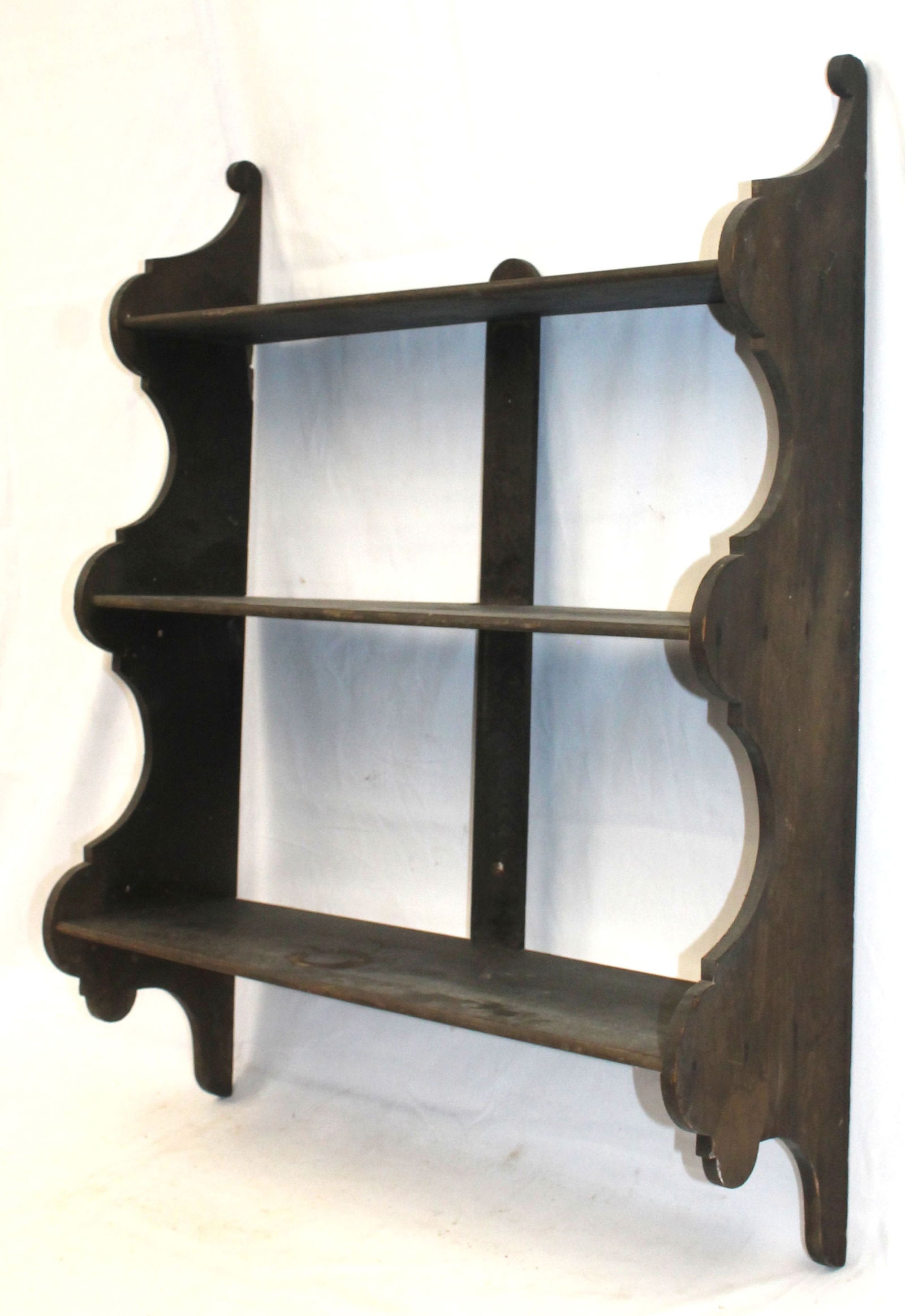 Antique 3 tier wall shelf w scrolled shaped sides - 32" tall x 26" x 8" deep (1 of 4)