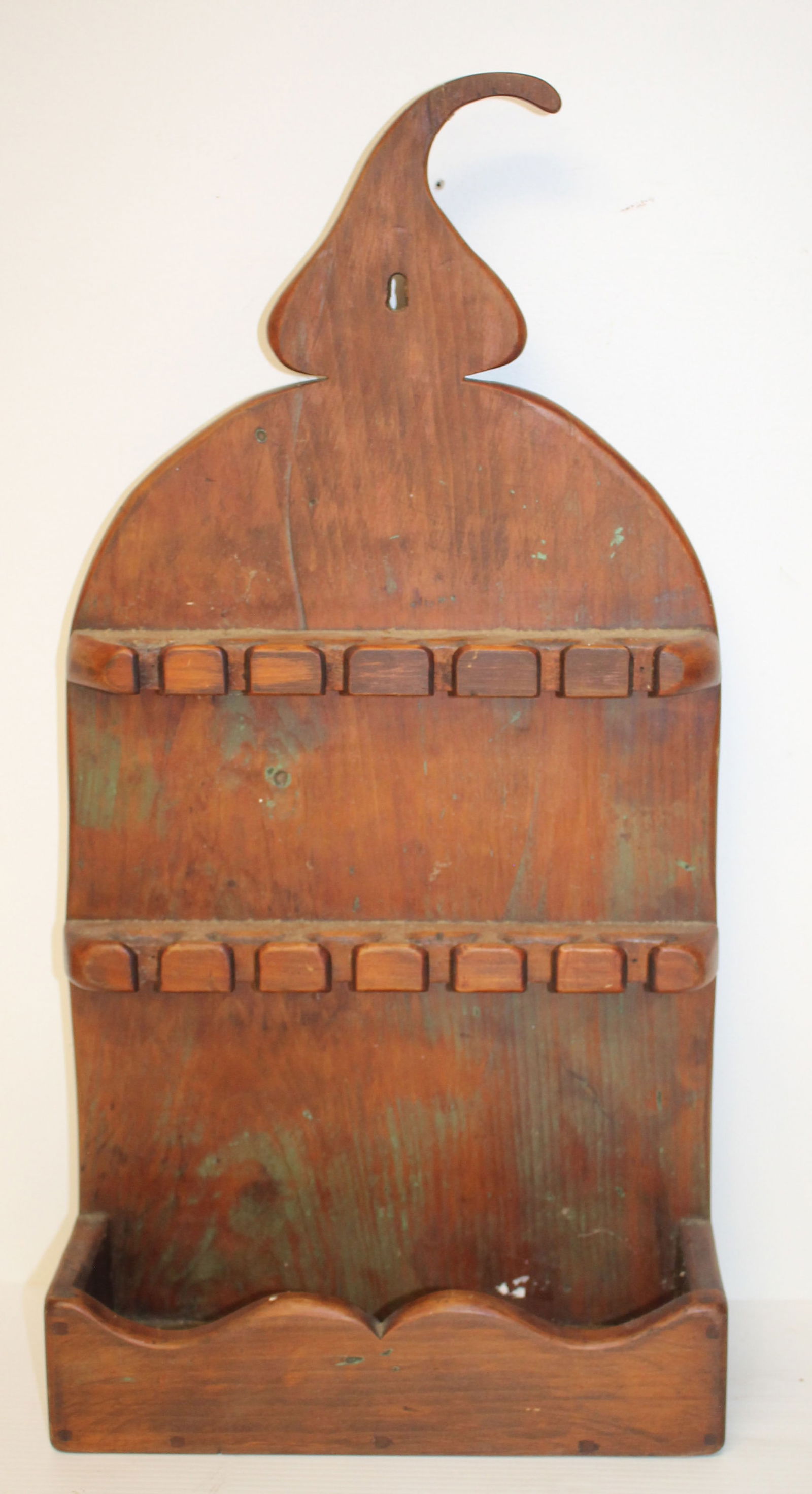 Antique wooden wall box/spoon rack with curled finial - 14" tall x 12" wide x 4" deep (1 of 7)