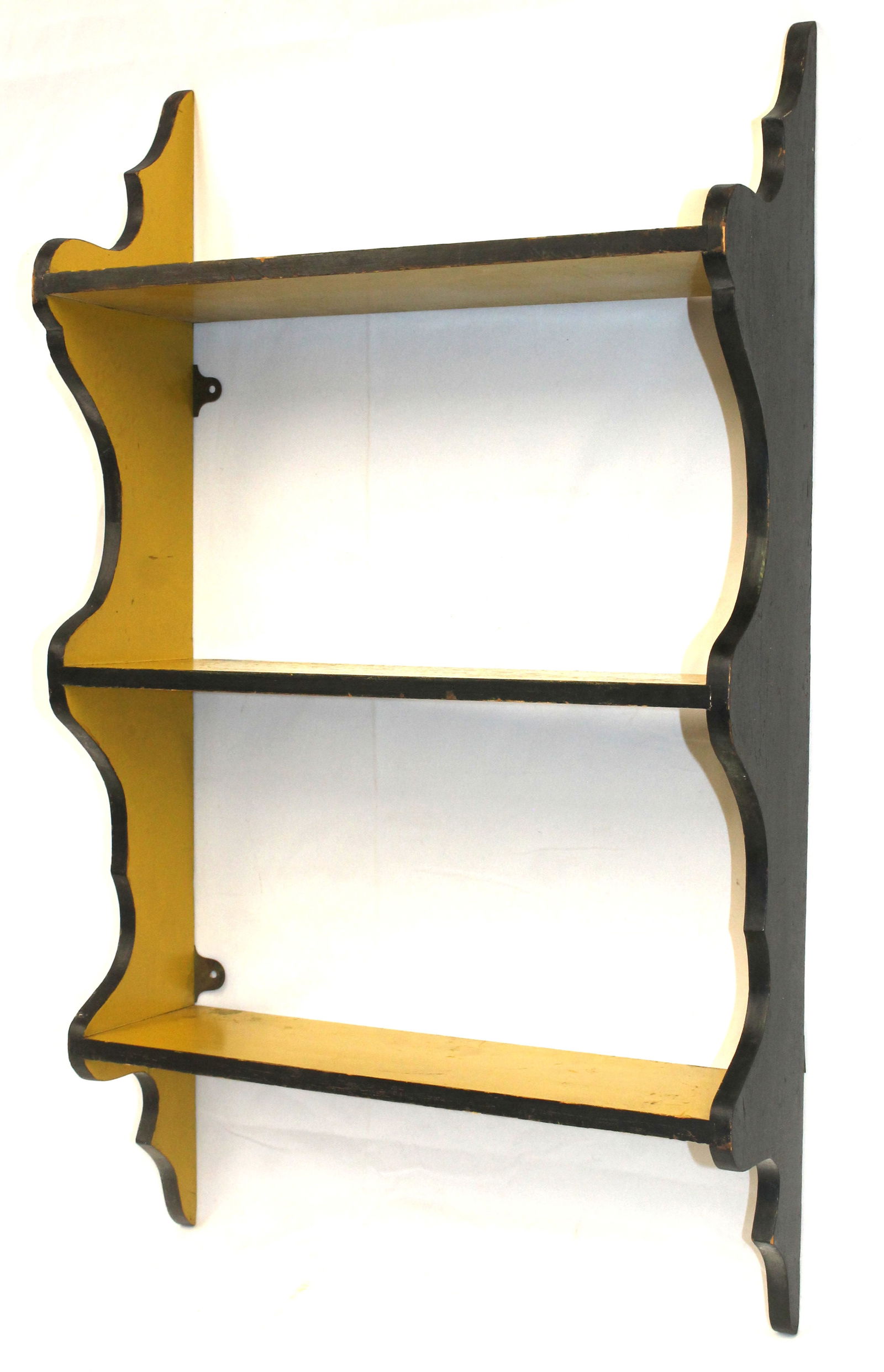 Antique wall shelf in interesting black & yellow paint w shaped sides - 29" tall x 17" wide x 6" (1 of 4)