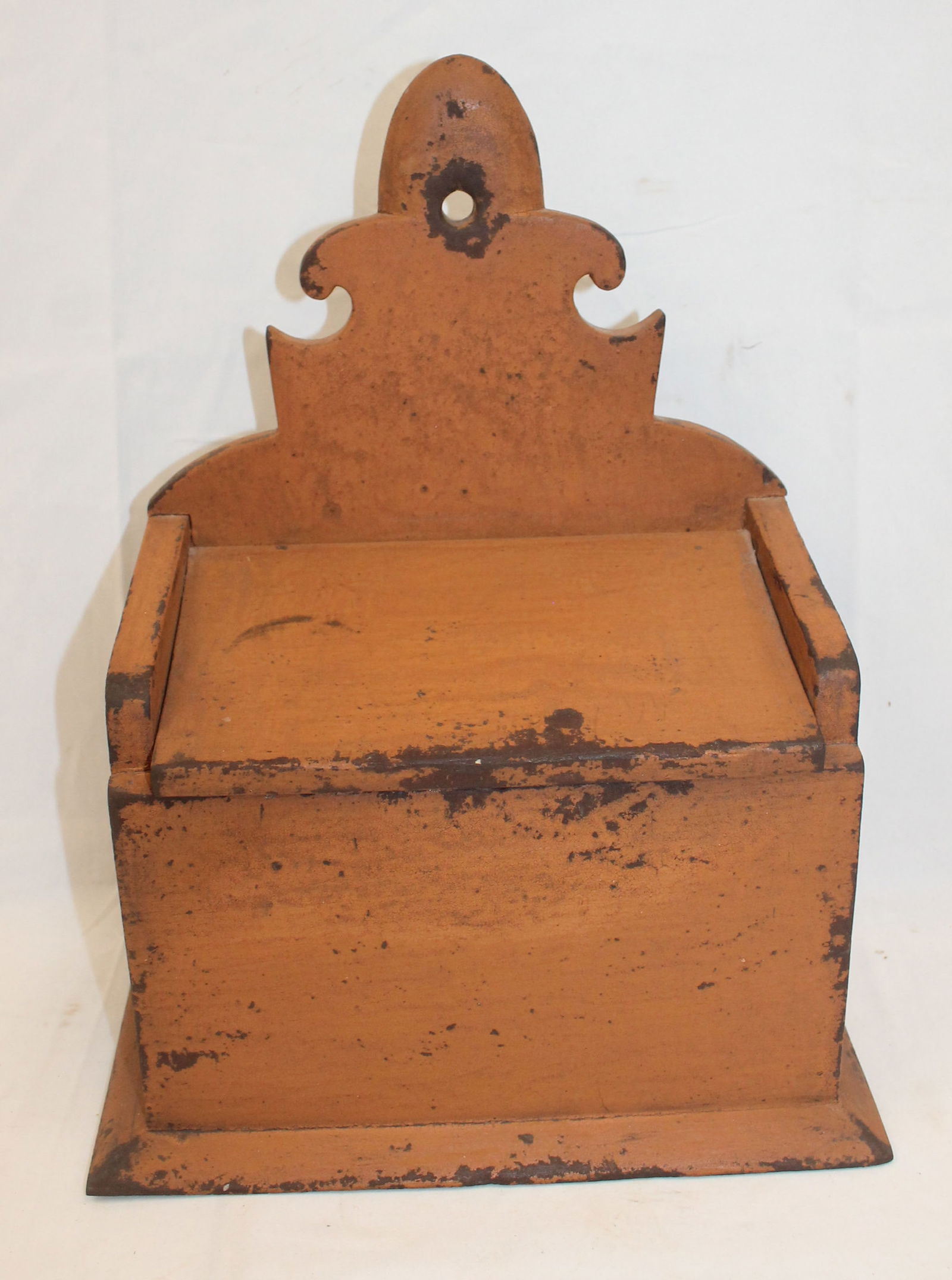 Antique style lift top wall box in salmon paint w fleur de lis crest - 15" tall x 11 1/2" wide x 7" (1 of 4)