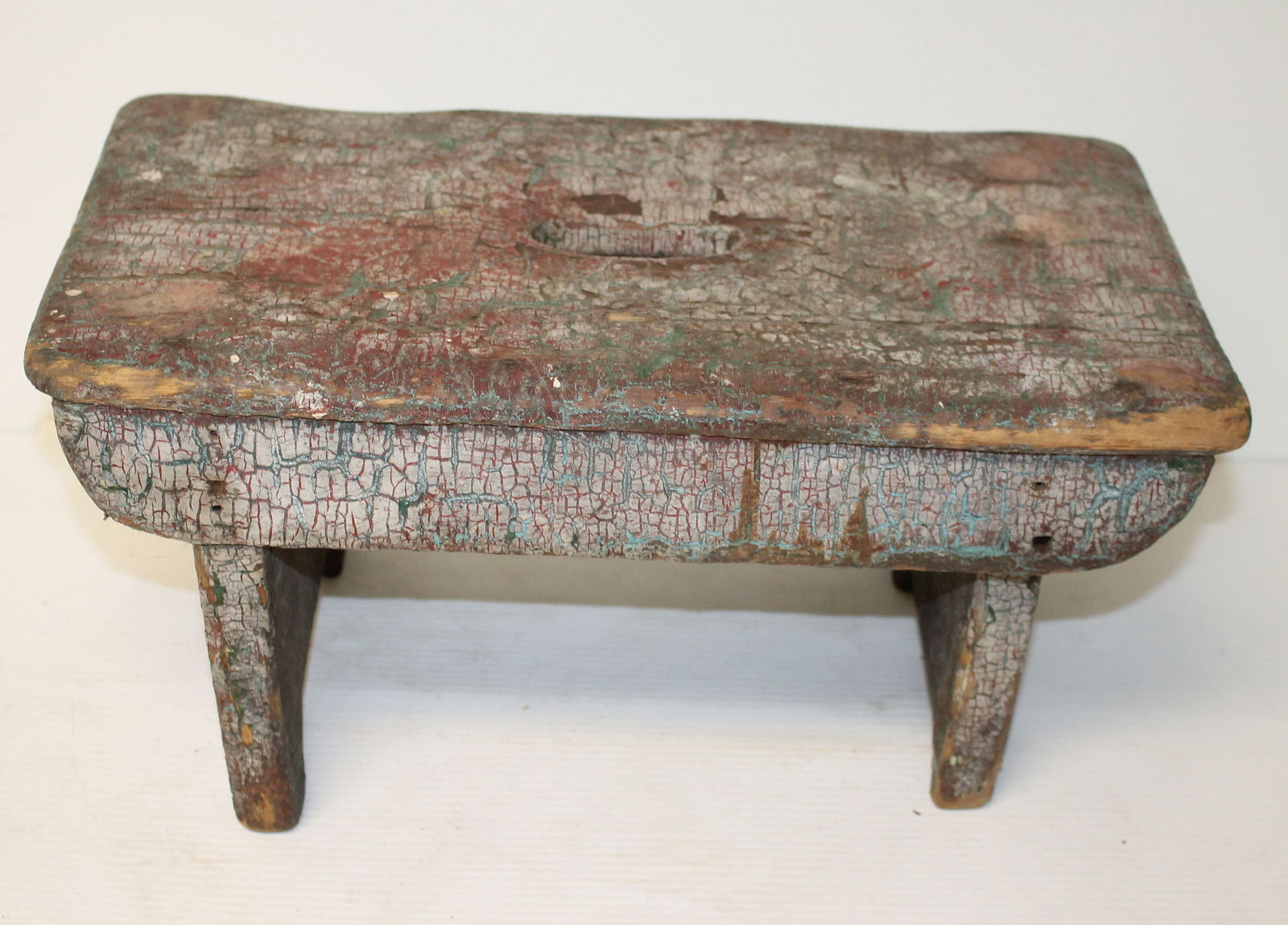Antique utility stool w crusty alligatored paint history - white over red over blue - 7 1/2" tall x (1 of 5)