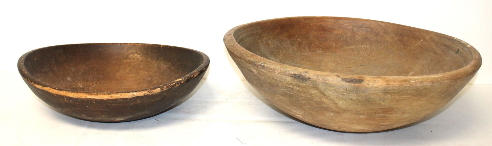 Lot of 2 large antique wooden bowls in unpainted natural surface - 19 3/4"x17 1/2" & 13 1/2"x14 1/2" (1 of 6)