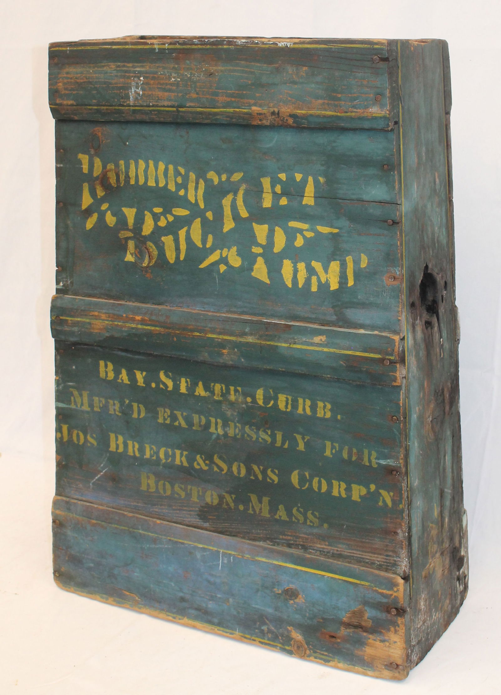 Antique wooden box in blue paint w yellow stenciled lettering "Rubber Bucket Pump Baystate Curb (1 of 9)