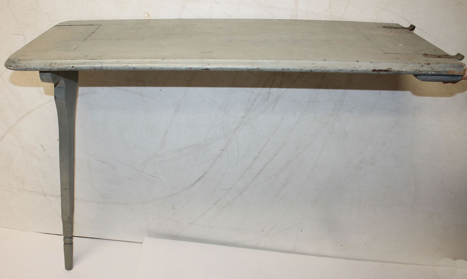 Antique drop down wall table in blue/gray paint - attaches to the wall and has one leg for support - (1 of 5)