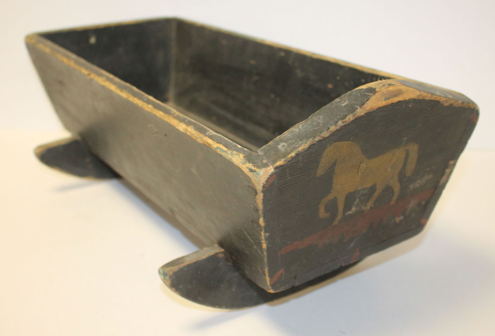 Antique blue paint decorated doll cradle w square nail construction - 17 1/2" long x 9 1/2" wide (1 of 5)