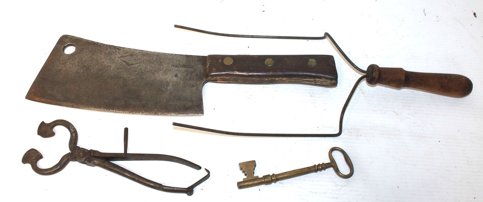 Lot of 4 antique utensils/implements incl brass key, iron sugar nips, wooden handled pie lifter & a (1 of 7)