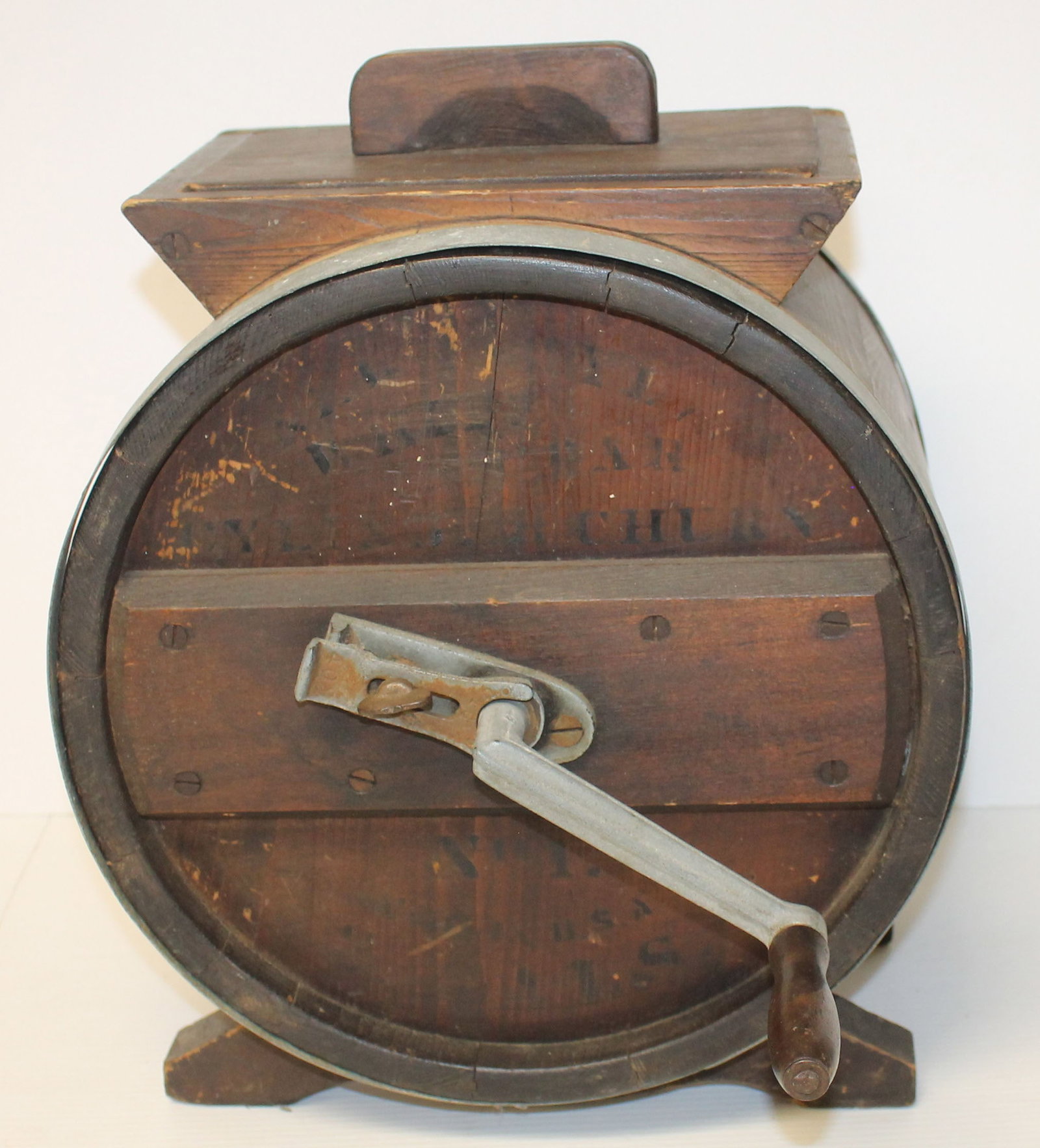 Antique barrel butter churn w stenciled lettering - 15 1/2" tall x 13" wide (1 of 5)