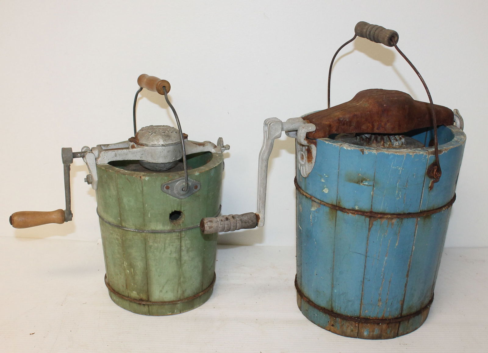 Lot of 2 antique wooden staved ice cream maker's in green & blue paint - 8" tall x 7" diam & 10" (1 of 8)
