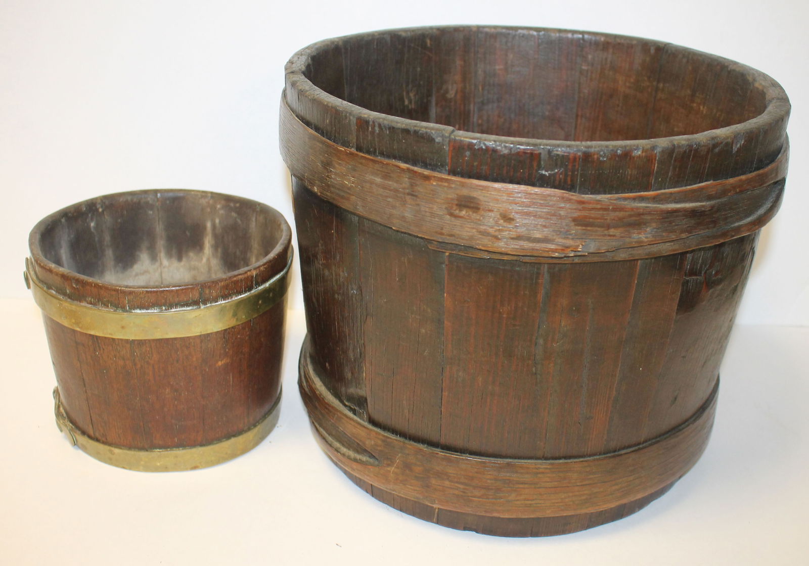 Lot of 2 antique wooden buckets incl large 10"x12" diam finger lapped & smaller 5 1/2" x 7" diam (1 of 7)