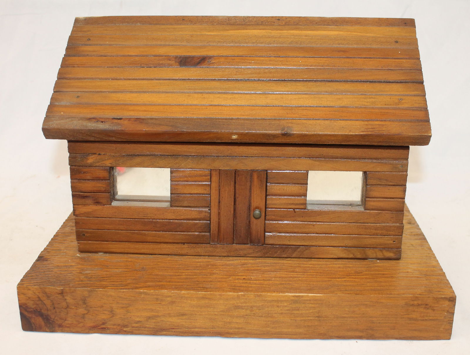 Folk Art log cabin lift top box w mirror interior - 10 1/4" tall x 15" wide x 9 1/2" deep (1 of 4)