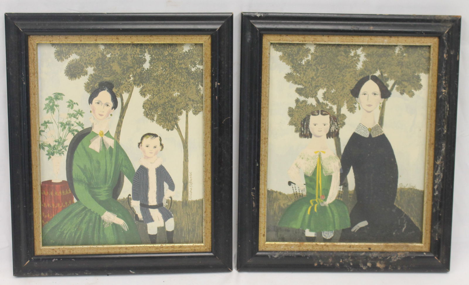 Pr of folk art style highlighted prints of mother & child in matching frames sgnd Richard Howard - (1 of 3)