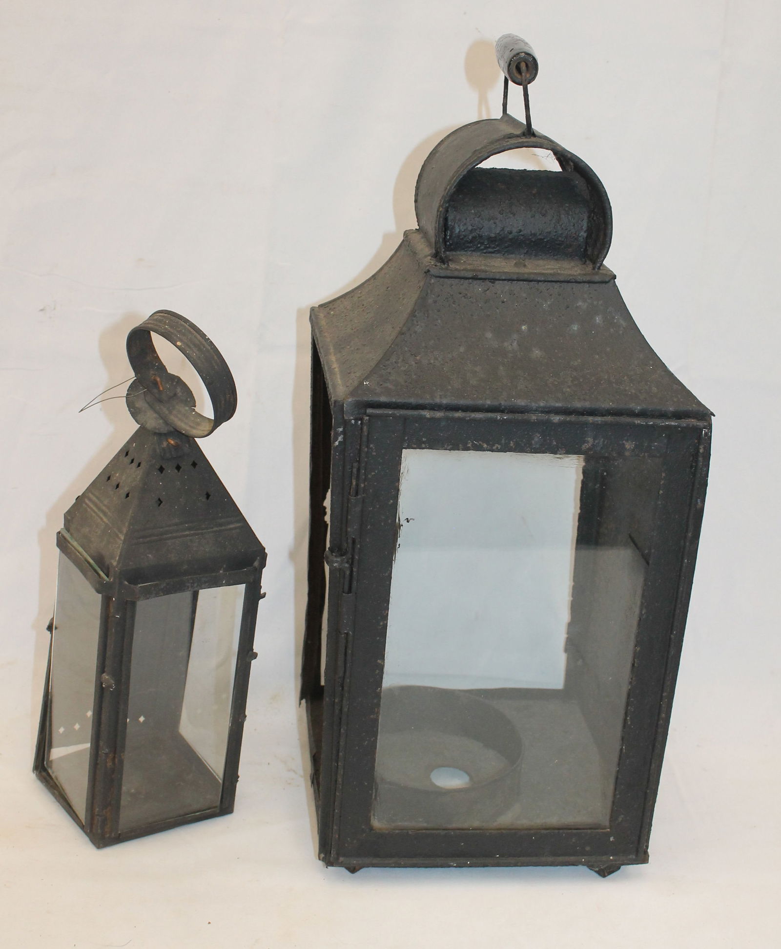 Lot of 2 antique tin & glass lanterns - as found - some glass missing - 19" & 11" tall (1 of 6)