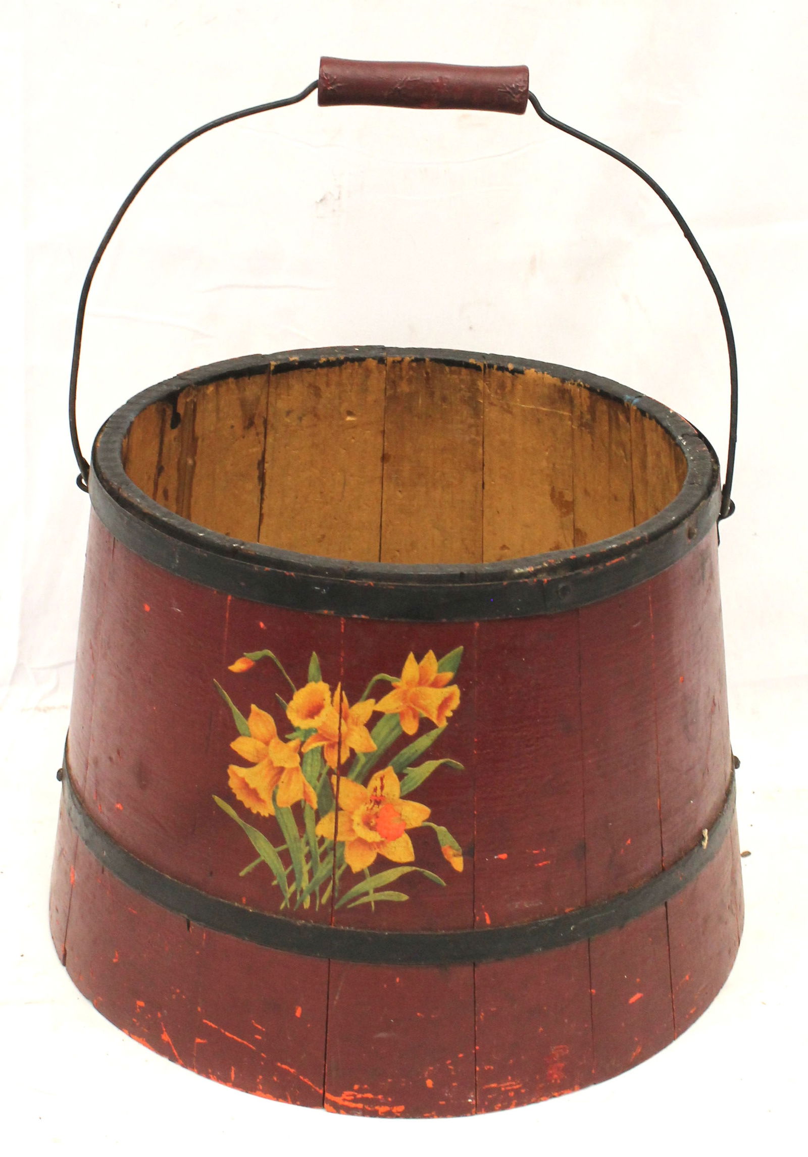 Antique staved bucket in red paint w floral painted dec (1 of 6)