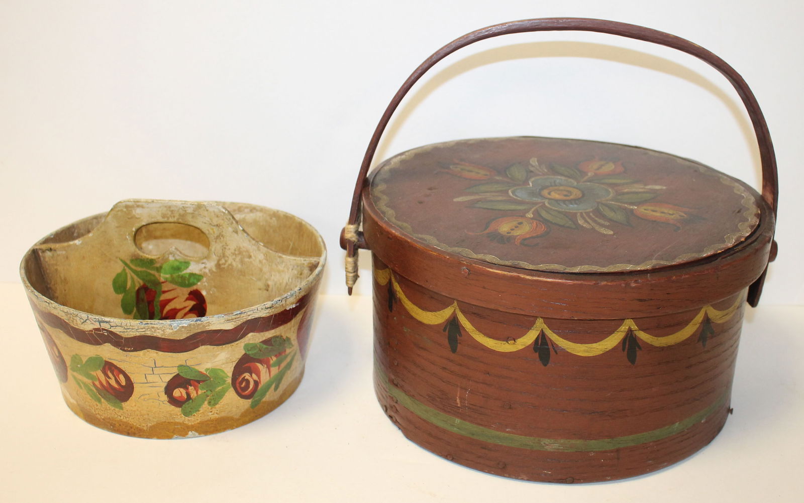 Lot of 2 antique boxes incl bail handled paint dec pantry box together w a folk art fiber board (1 of 8)
