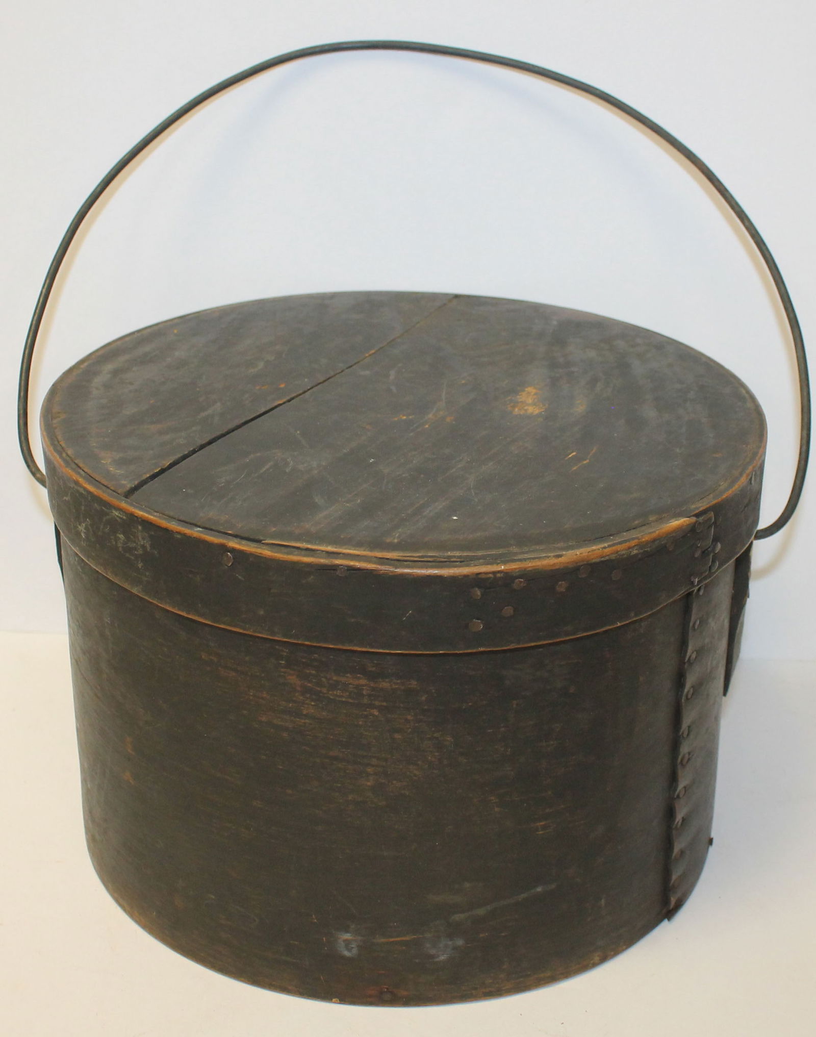 Antique bail handled pantry box in dark green or black paint - 7 1/2" tall x 11 1/2" diam (1 of 5)