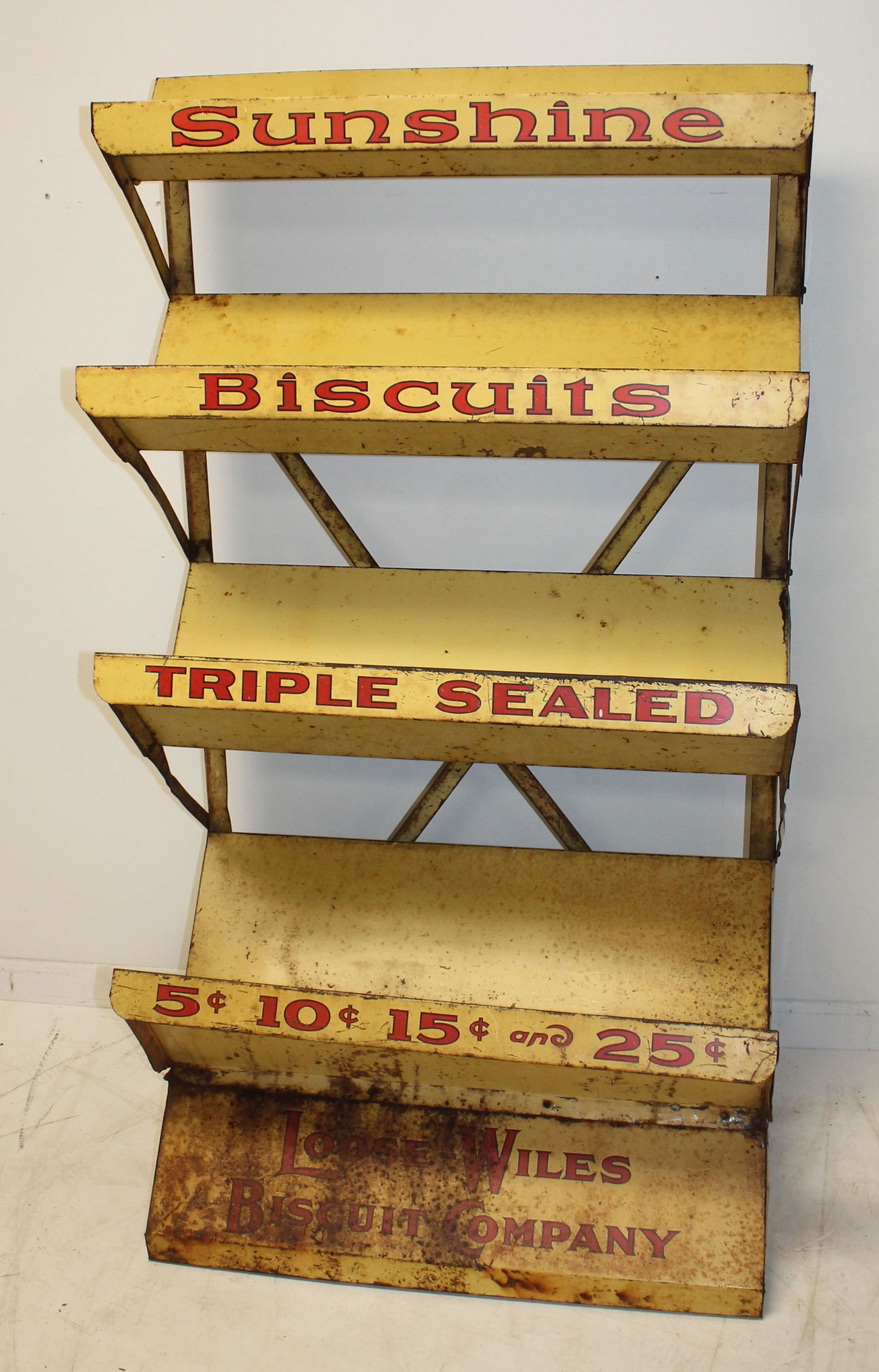early 20thC metal Loose-Wiles/Sunshine Biscuits Country Store advertising rack in yellow paint - 54" (1 of 5)