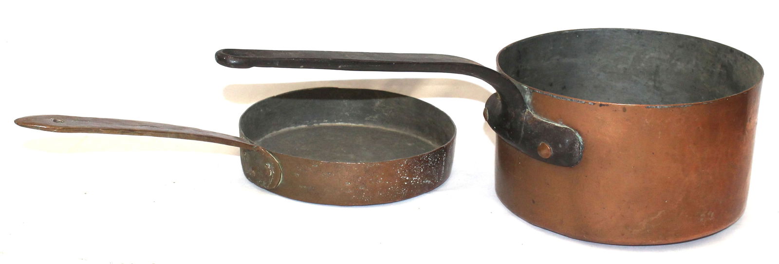 Lot of 2 antique copper pots w iron handles - 6" Duparquet & 8" sgnd CH (1 of 7)