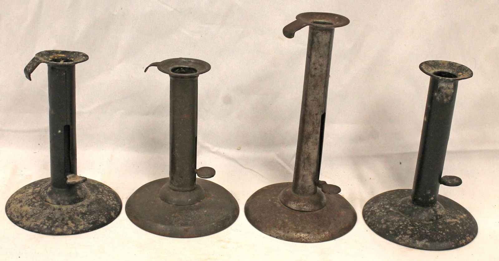 Lot of 4 antique tin hogscraper candlesticks - 5 1/2" - 7" tall (1 of 6)