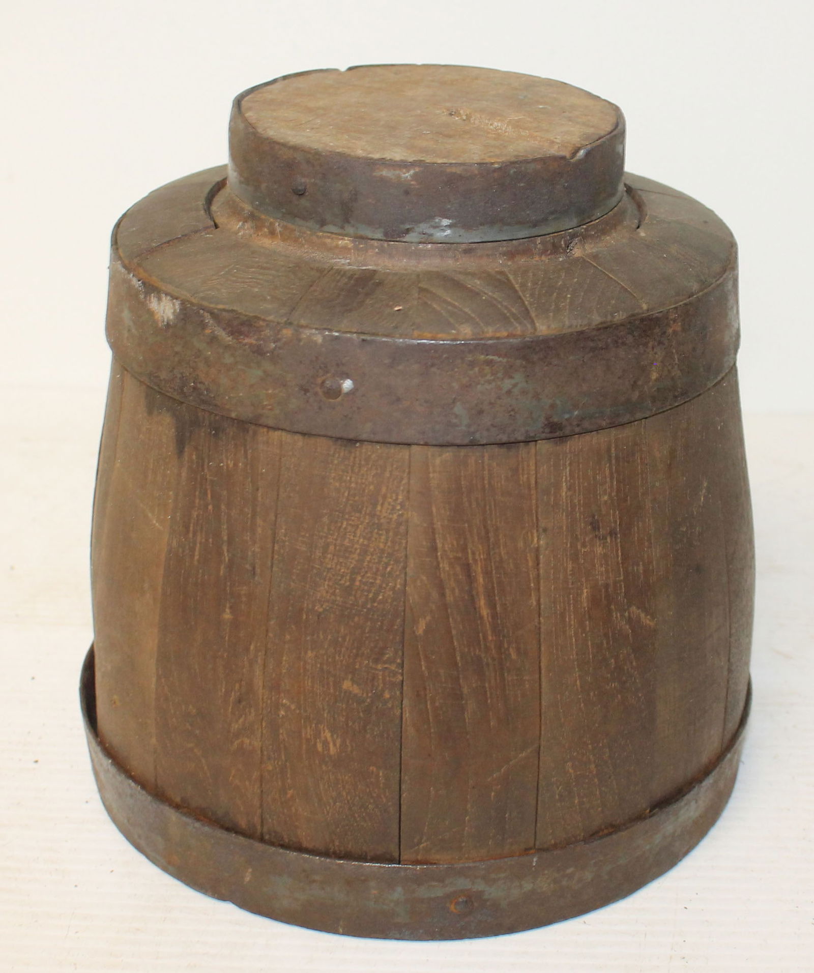 Antique wooden staved cheese mold w iron bands - 8 1/2" tall x 8" diam (1 of 4)