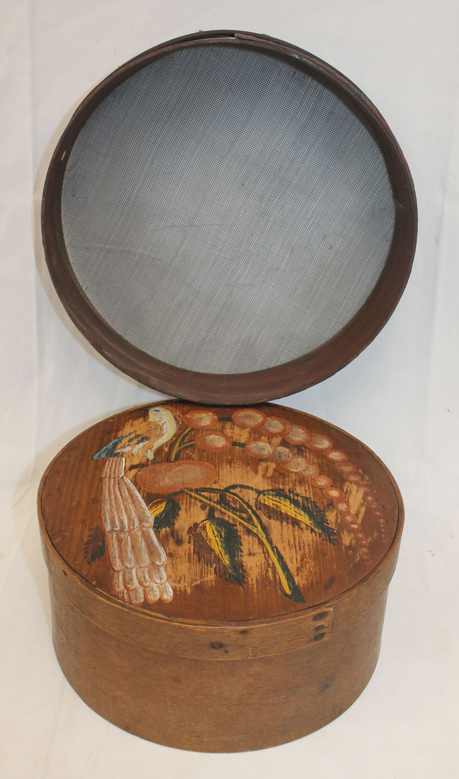 Lot of 2 antique treen items incl paint dec pantry box & sieve - 9 1/2" & 10 1/2" diam (1 of 8)