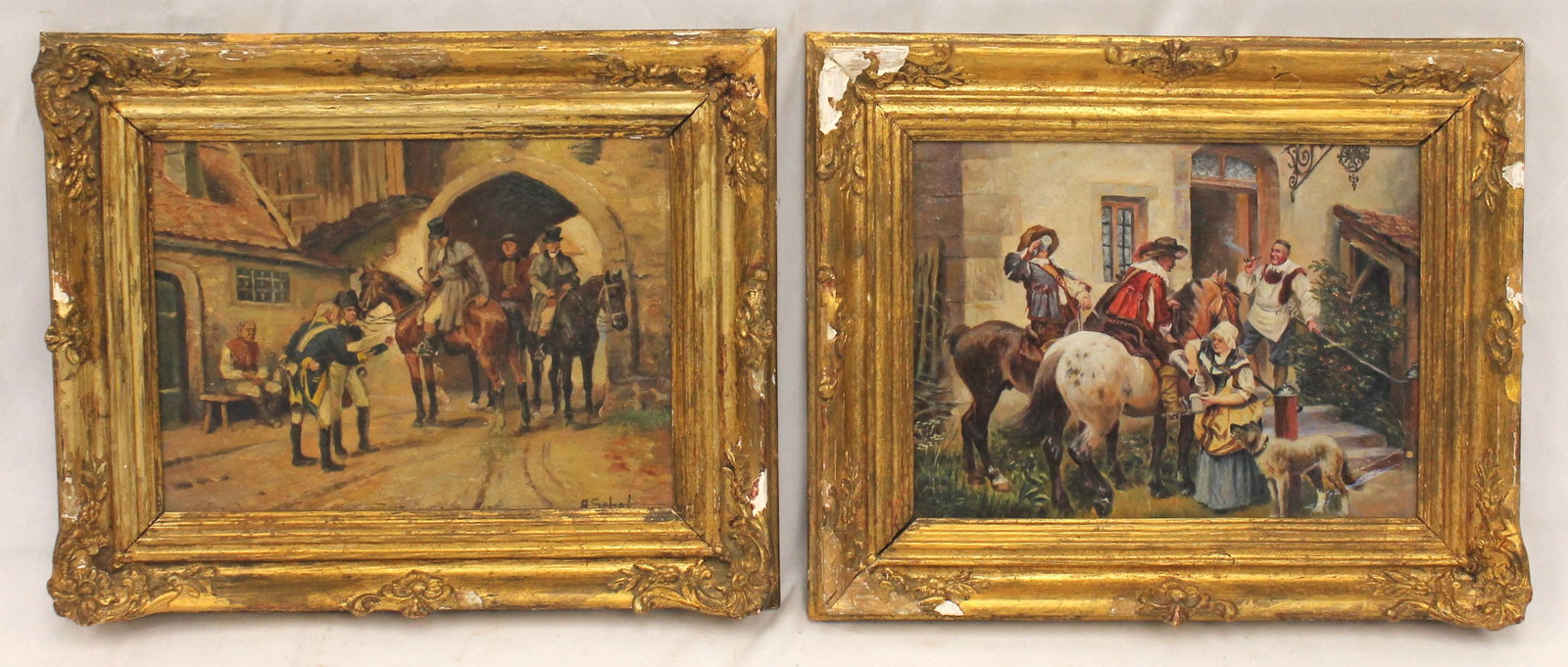 Lot of 2 late 19th/early 20thC o/bd courtyard scenes w people talking to men/soldiers on horseback -: Lot of 2 late 19th/early 20thC o/bd courtyard scenes w people talking to men/soldiers on horseback - overall framed size 10"x13"