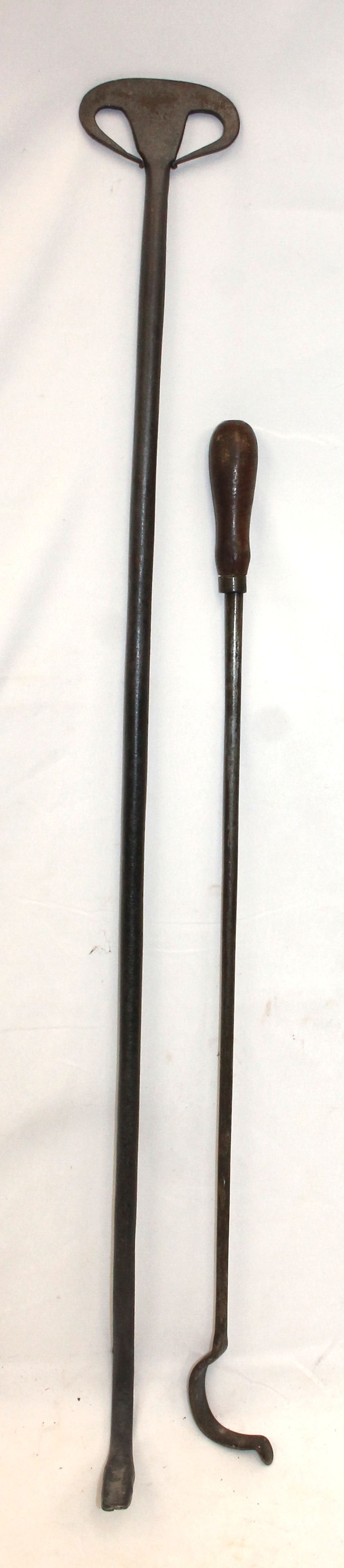 Lot of 2 antique iron hook fireplace implements - 1 w rams head handle & the other wooden (1 of 5)