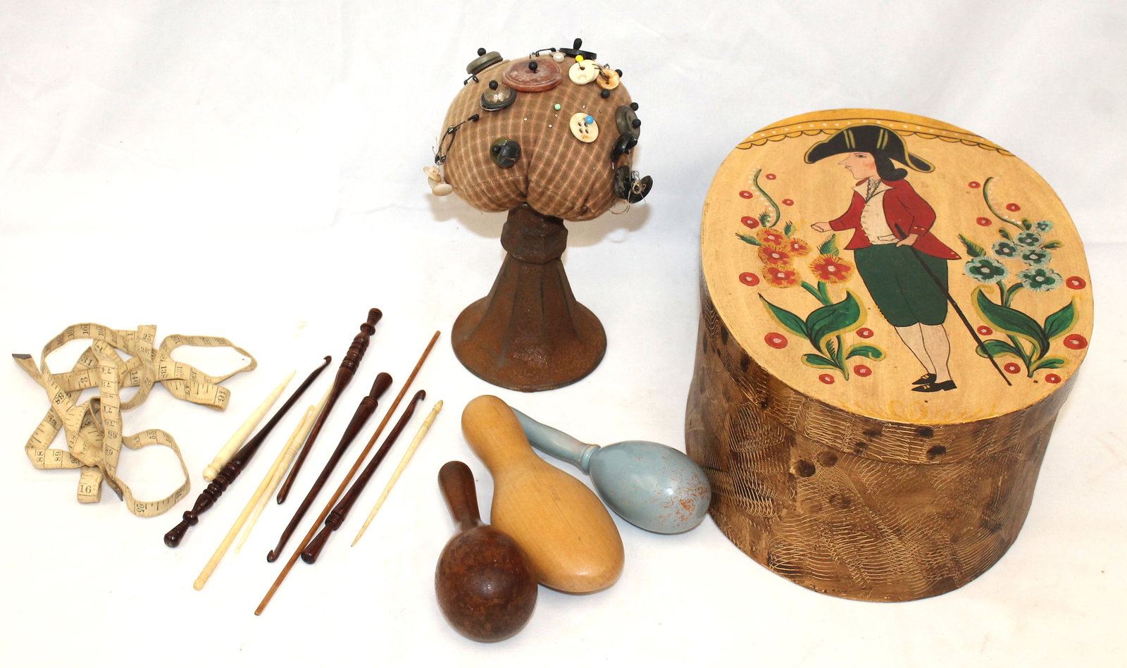 Sewing lot incl paint dec pantry box (contemporary) w iron based pin cushion plus sewing/crochet: Sewing lot incl paint dec pantry box (contemporary) w iron based pin cushion plus sewing/crochet implements - box is 5" tall x 8"x11"