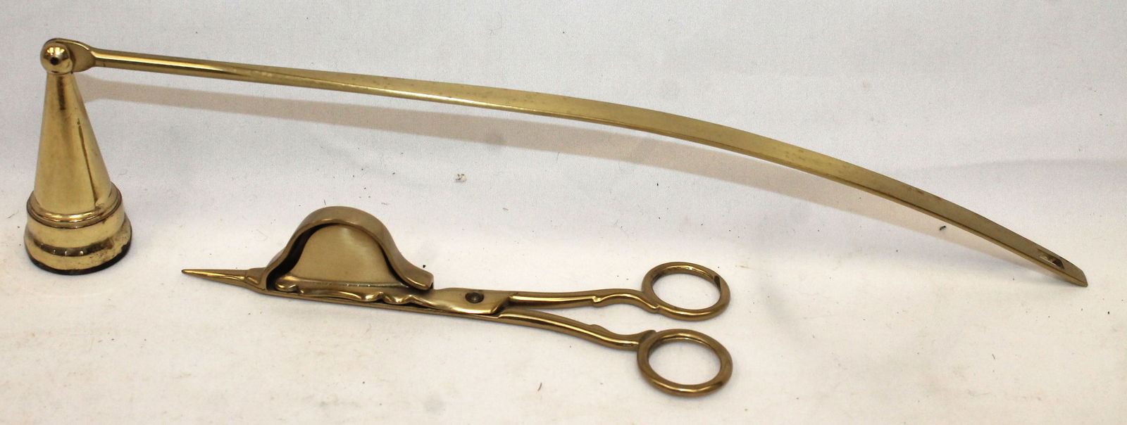 Lot of 2 brass implements incl 12" candle snuffer & wick scissors (1 of 3)