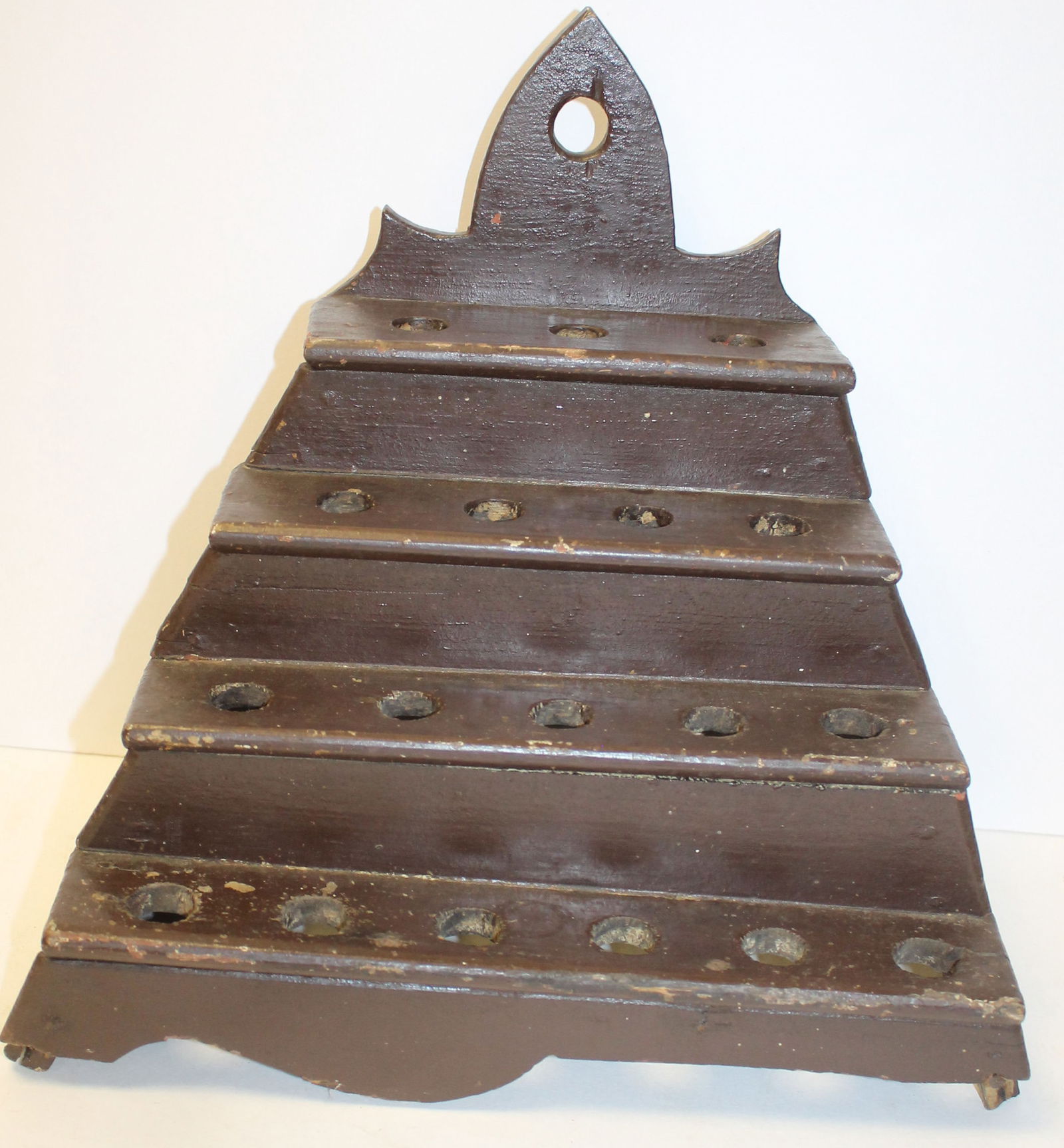 19thC wooden 3 tiered spoon rack in brown paint - 13" tall x 12 1/2" wide x 9" deep (1 of 4)