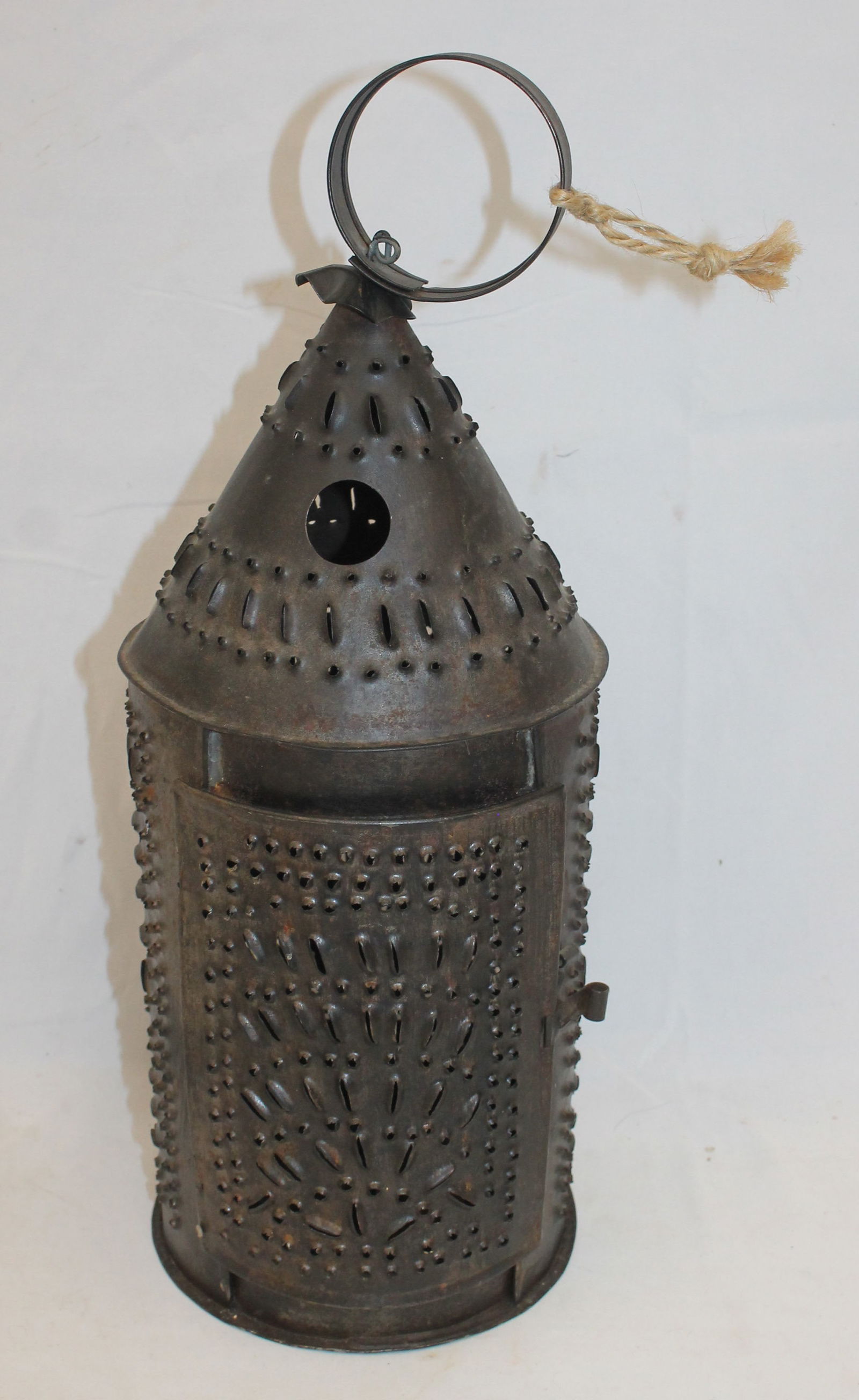 Antique punched tin candle lantern in - 13 1/2" tall (1 of 3)