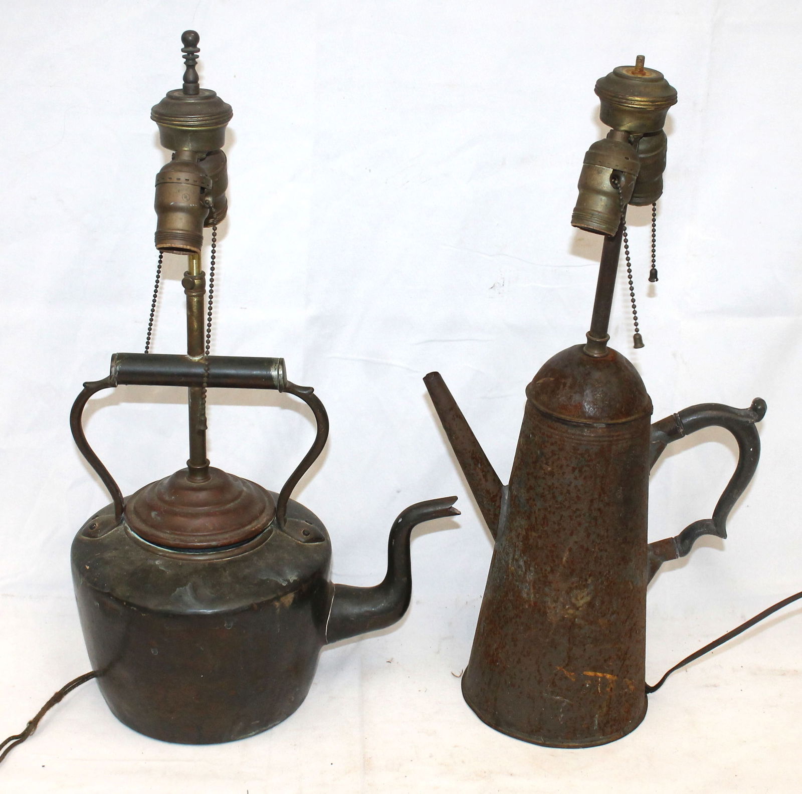 Lot of 2 antique items converted to electrified lamps - 21" kettle & 20" teapot (1 of 5)