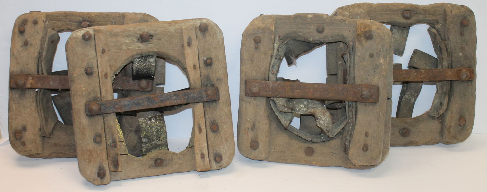 Lot of 4 (2 pairs) of antique wooden bog shoes w leather straps: Lot of 4 (2 pairs) of antique wooden bog shoes w leather straps