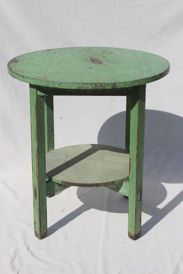 attrib Stickley Bros oak rare small sized 2 tier 24: attrib Stickley Bros oak rare small sized 2 tier 24" round table in green paint w through tenon construction