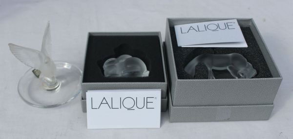 3 pc Lalique crystal lot incl dove ring holder & or: 3 pc Lalique crystal lot incl dove ring holder & orig boxed 4" long horse & 2 3/4" rabbit - all either sgnd or labeled or both