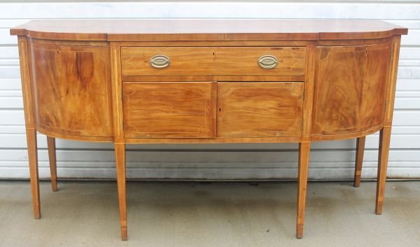 period Hepplewhite ca 1790's mahog shaped front si: period Hepplewhite ca 1790's mahog shaped front sideboard w satin wood & exotic wood inlay (old Florian Papp labels insde) 73" wide x 24" deep x 38" tall