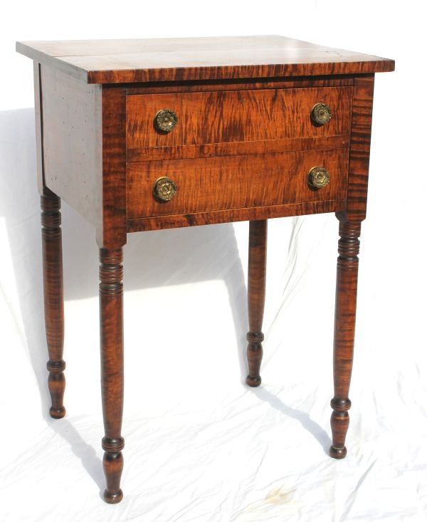 Wonderful ca 1810 Southern New England or NYS peri: Wonderful ca 1810 Southern New England or NYS period Sheraton very bold tiger maple 2 drawer stand in all orig cond incl brasses