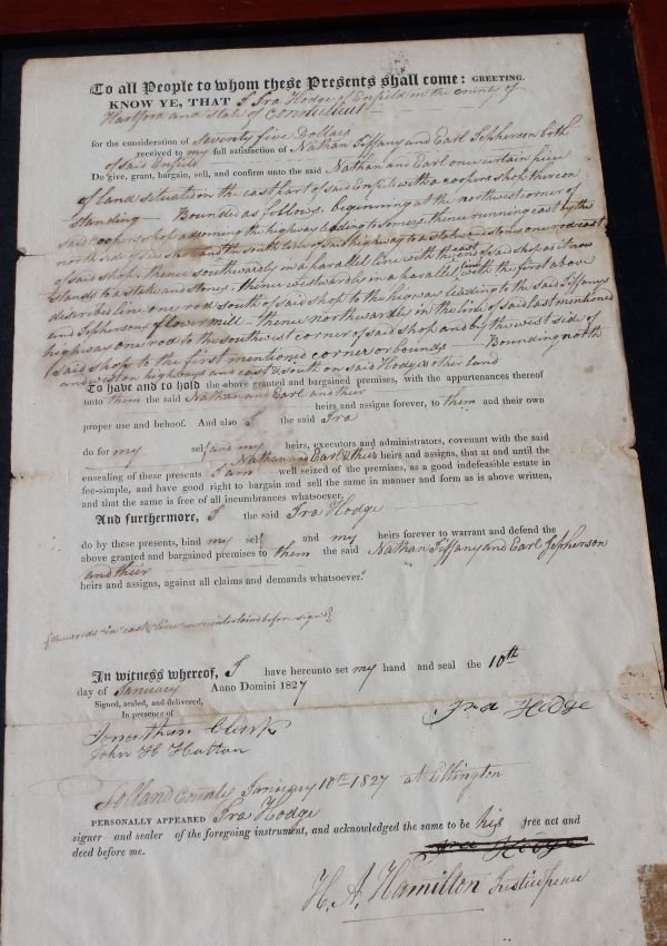 North Colony Enfield CT Shaker Deed dated 1827 - 2: North Colony Enfield CT Shaker Deed dated 1827 - 2 trustees Norman Tiffany & Earl Jefferson refers to Cooper's Shop and the "Flower" chop authenticated as Shaker by Shaker Cemetary Roster found 1960 N