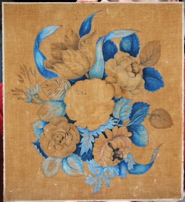 early ca 1800 13"x14 1/2" w/c theorem of great blu: early ca 1800 13"x14 1/2" w/c theorem of great blue flowers on linsey woolsey w provenance on verso identifying the artist & the period